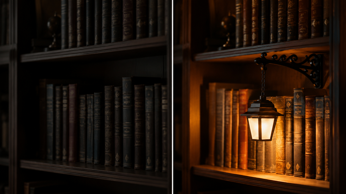 Bücherregal vor und nach der Beleuchtung mit der ShelfGlow Bücherregal-Laterne