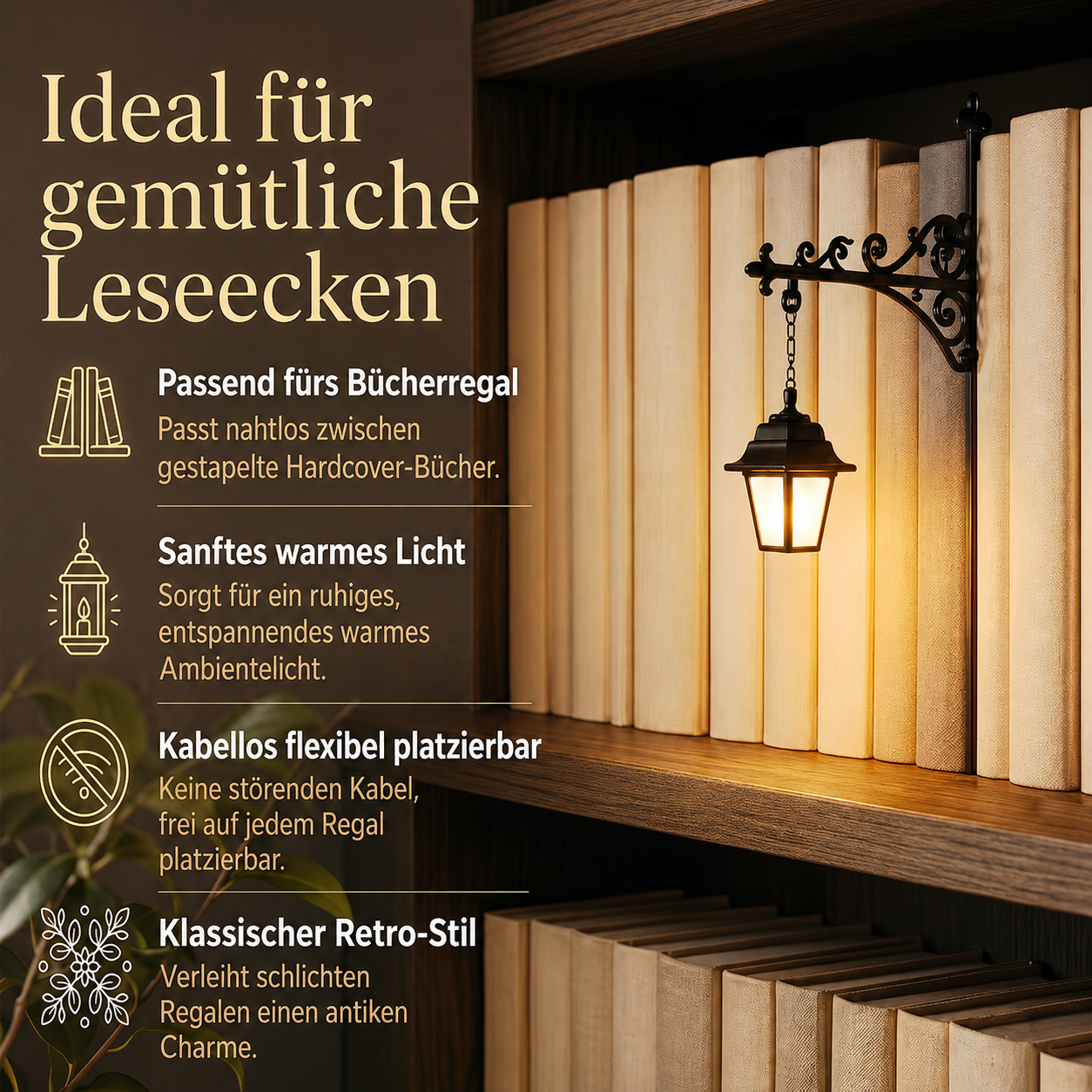 ShelfGlow Bücherregal-Laterne mit Produktvorteilen